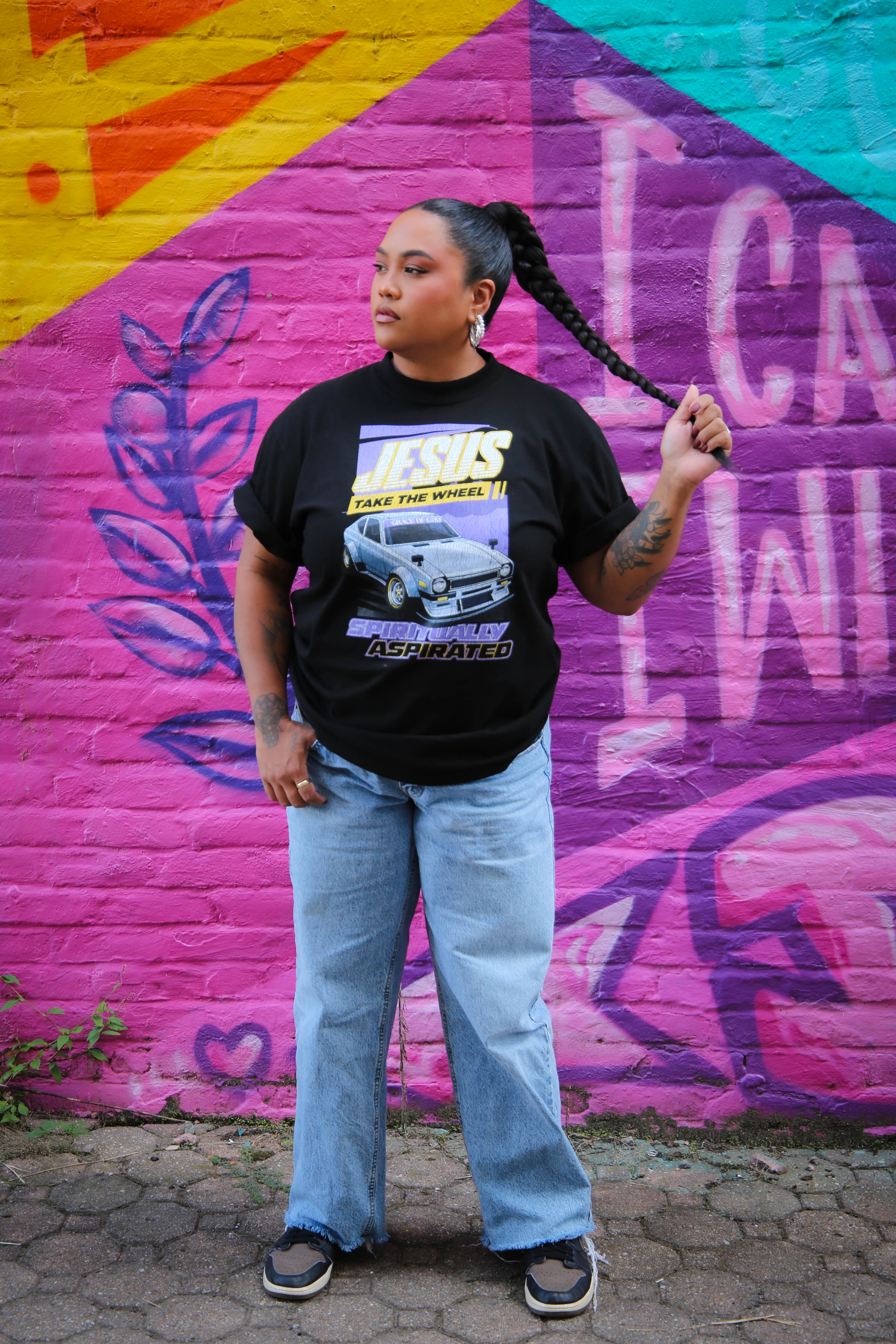 jesus take the wheel purple and black tee grace of god christian clothing faith based apparel